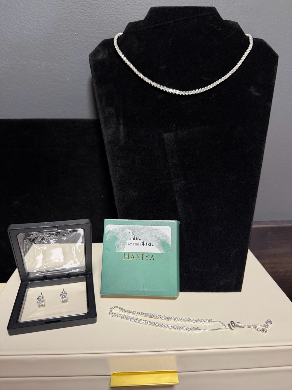 HAXIYA Silver Rhinestone Tennis Jewelry Set Necklace Stud Earrings Bracelet Bo